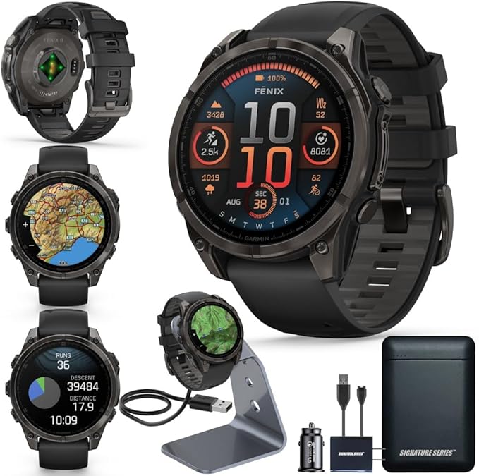 Garmin Fenix 8 Premium Multisport GPS Running Smartwatch, 47 mm | AMOLED, Dive-Rated, Built-in Flashlight | Carbon Gray DLC Titanium with Pebble Gray Band with Signature Series Charging Stand