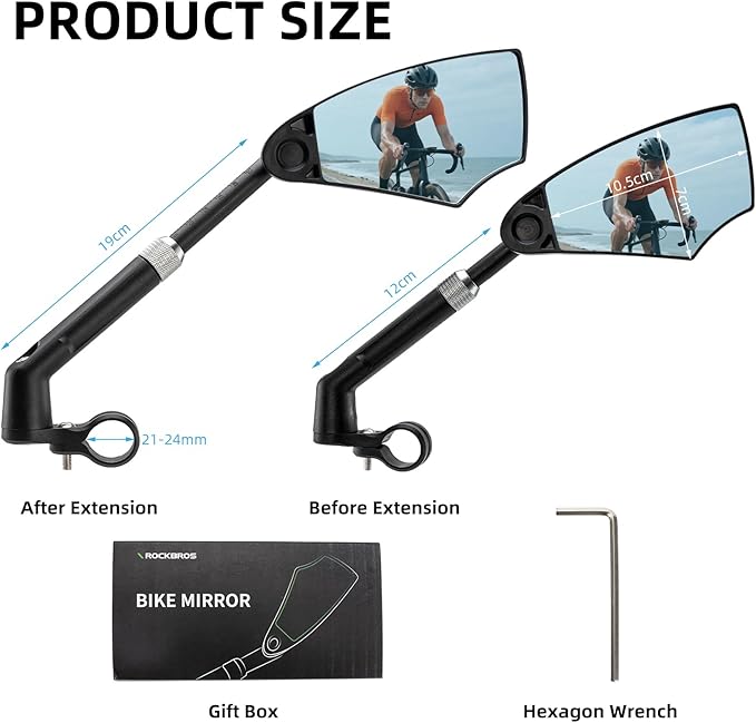 ROCKBROS Bike Mirrors for Handlebars, HD Anti-glare & Scratch Resistant Rear View Bicycle Mirrors, Foldable, Retractable & Adjustable Mount for 21-24cm Handlebar, Ebike, Escooter Accessories (Right)