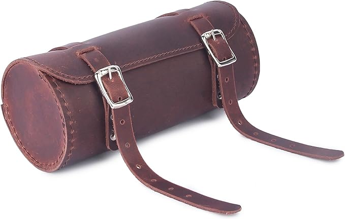M RUFOUS Genuine Leather Under Seat Handlebar Bicycle Bag - Cherry, Premium Handcrafted Bicycle Bag with Brass Buckle, Leather Bag for Cell Phone (Free Waterproof Cover)