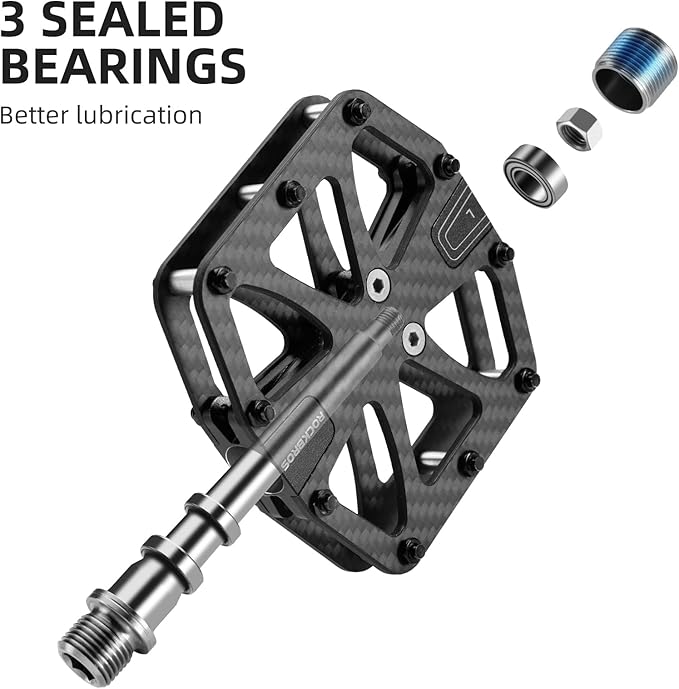ROCKBROS Mountain Bike Pedals MTB Pedals Carbon Fiber 3 Bearing Lightweight Road Bicycle Pedals Non-Slip 9/16" Wide Flat Pedals