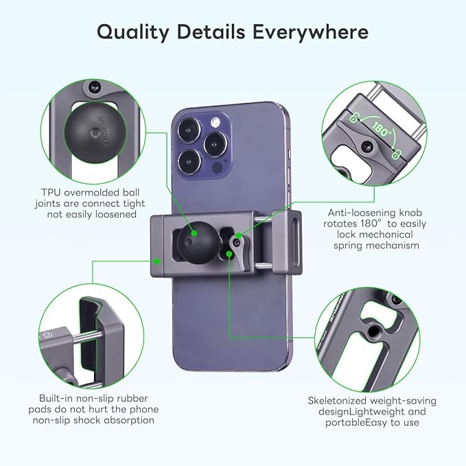 FANAUE Aluminum Motorcycle Phone Holder with 1" Ball Head Adapter Compatible with RAM mounts B Size Double Socket arm & Bike Handlebar Cell Phone Mount for 6-8.5" Smartphone