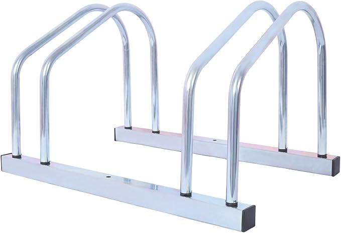 2-Bike Floor Stand, Heavy-Duty Bike Parking Rack for Garage Storage, Indoor/Outdoor Bicycle Floor Stand Fits 22–28" Wheels, Holds Tires up to 2.15", Steel Bike Organizer for Mountain & Road Bikes,Silv