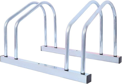 2-Bike Floor Stand, Heavy-Duty Bike Parking Rack for Garage Storage, Indoor/Outdoor Bicycle Floor Stand Fits 22–28" Wheels, Holds Tires up to 2.15", Steel Bike Organizer for Mountain & Road Bikes,Silv