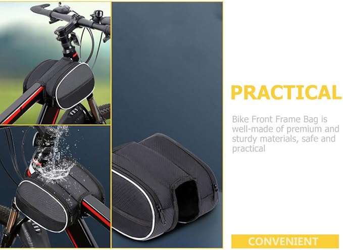 COHEALI Bike Frame Bag with Zipper Mountain Bike Top Tube Pouch Waterproof Large Capacity Black Cycling Front Storage Bag for Outdoor Riding Equipment