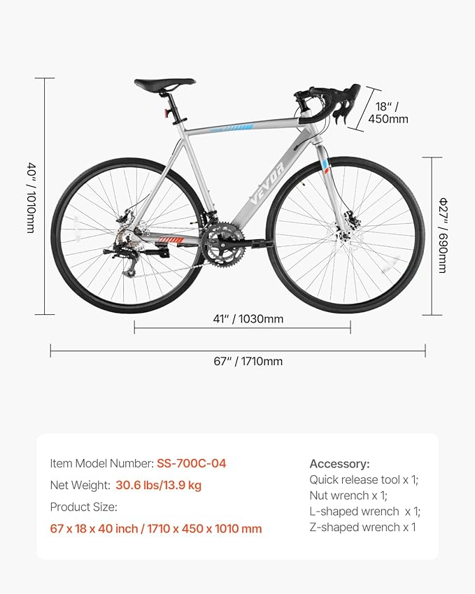 VEVOR Road Bike, 700C Wheels Racing Bike, Shimano Drivetrain City Commuter Road Bicycle, Urban Adult Sport Bicycle with Drop Bar, for Men and Women