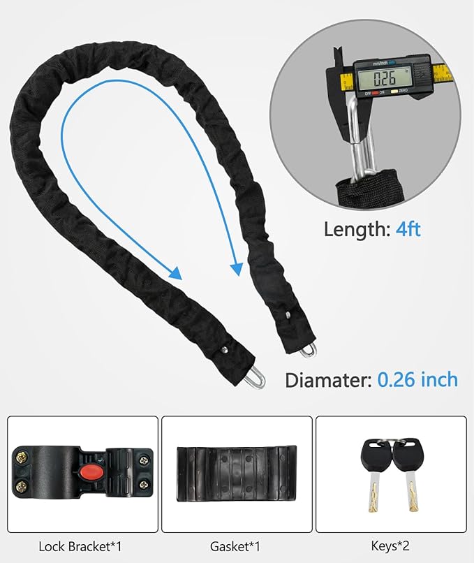 Bike U Lock with 4FT x 6mm Moped Chain, Bike Lock with 2 Keys and Mounting Bracket, Motorcycle U Lock Perfect for Ebike, Escooter, Fat-Tire Dirt-Bike, Tricycle,Bicycle