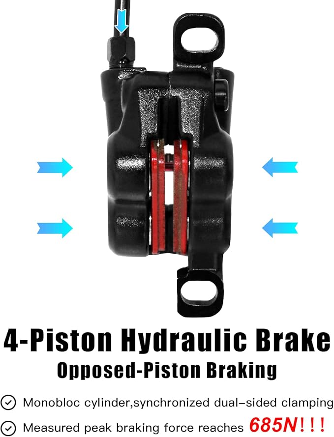 ZTZ 4-Piston Mountain Bike Hydraulic Brake Set, Front 850mm and Rear 1600mm Hydraulic Disc Brake Kit with PM/is Adapter, Fits for eBike, MTB and BMX (Right Front+Left Rear)