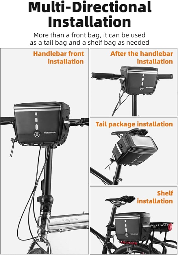ROCKBROS Bike Handlebar Bag, 3L Waterproof Electric Scooter Bag with TPU Touchscreen, Bicycle Front Storage Pouch Bag, Cycling Accessories for Mountain Bikes, E-Bikes & Folding Bicycles