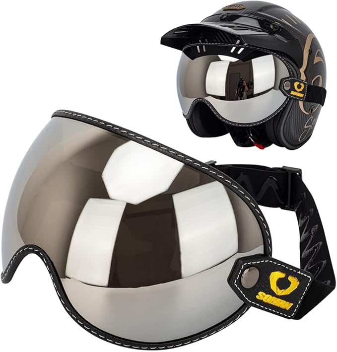 Retro Motorcycle Helmet Shield Bubble Visor, PC Goggles Lens Replacement Universal for 3/4 Open Face Full Helmet Bell Moto-3 (Silver)