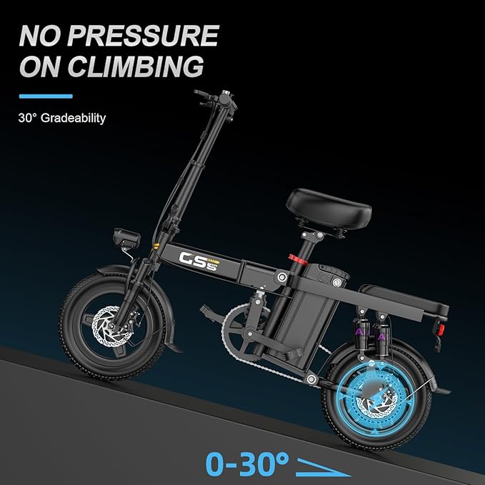 Heavy-Duty Foldable Electric Bike for Adults with 7 Shock Suspension, 500+ lbs Capacity, 740W Motor, 25MPH, 720Wh Battery, 20-Mile Range, 14“ Fat Tires Commuter Bicycle for Road & Mountain Riding