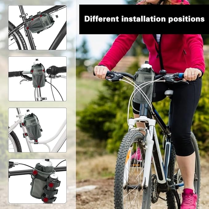 Bike Handlebar Water Bottle Holder, Fits Cups Diameter Less Than 3.6in/9cm, Fits Strollers, Scooters, Wheelchairs, No-Screw Installation,Insulated, with Adjustable Fasteners(2, 1Black+1Gray)