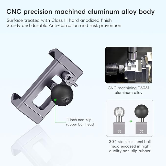 FANAUE Aluminum Motorcycle Phone Holder with 1" Ball Head Adapter Compatible with RAM mounts B Size Double Socket arm & Bike Handlebar Cell Phone Mount for 6-8.5" Smartphone