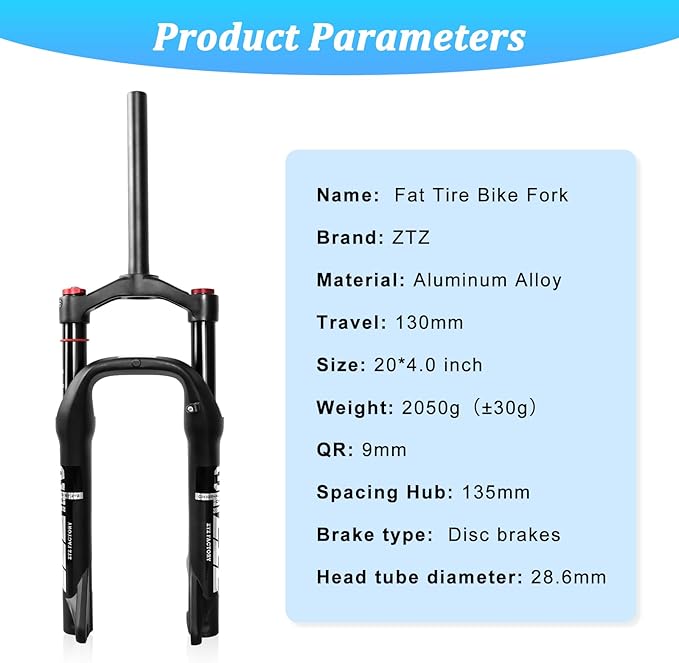 ZTZ 20 * 4.0 inch Fat Tire Air Suspension Fork - 130mm Travel, 135mm Spacing Hub, 9mm QR, Crown Lockout,Ultralight Fat Tire Bike Front Fork, Fit for Snow Beach XC Mountain Bikes