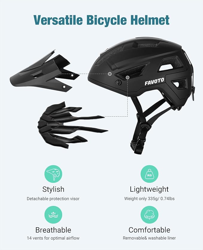 Favoto Adult Mountain Bike Helmet for Men & Women, Magnetic Buckle MTB Helmet with Removable Visor, Lightweight for Commuting & Off-Road Cycling