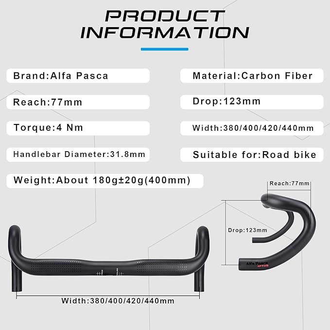Road bike handlebars, Alpha Pascal carbon fiber bike handlebars 31.8mm drooping handlebars 380mm,aero bars for road bike UD matte bike accessories