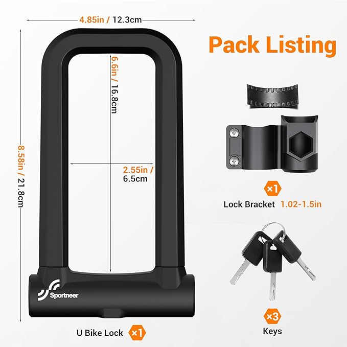 Sportneer Bike Lock: 18mm Heavy Duty Anti Theft Bike U Lock – Shackle Bicycle U-Locks with 3 Keys & Sturdy Mounting Bracket for Road, Mountain, Electric & Folding Bikes, Size 8.58'' x 4.85''