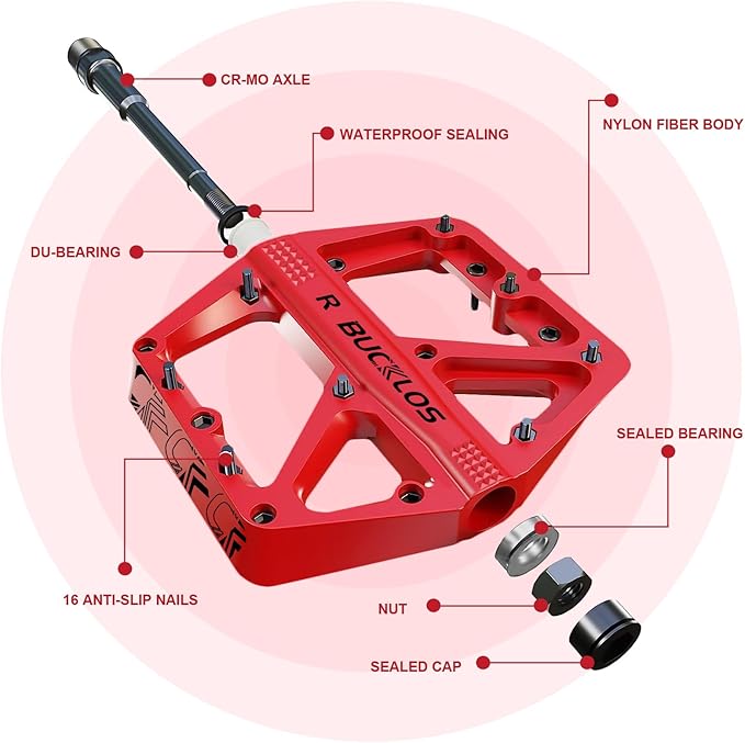 BUCKLOS Mountain Bike Pedals MTB Pedals Flat, Adult Bicycle Road Bike Large Platform Nylon Non-Slip Pedal for Gravel Bike/Hybrid Bike 9/16"