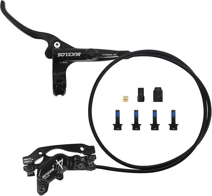 BUCKLOS MTB 4 Pistons Hydraulic Disc Brake Set, Mountain Bike Left Front 850 mm Right Rear 1630 mm Bicycle Disk Break Aluminum Alloy Caliper Lever for Ebike/Folding Bicycle/Fat Bike HD-M735(Pre-Bled)