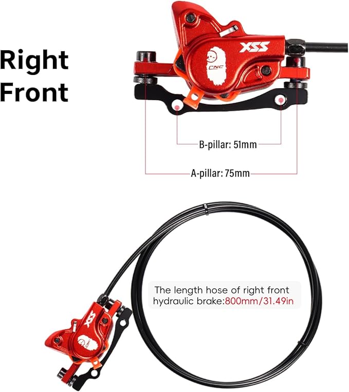 CNC MTB Hydraulic Disc Brake Set，Mountain Bike Hydraulic Disc Brakes Right Front 800mm Left Rear 1450mm Hydraulic Brake，Red