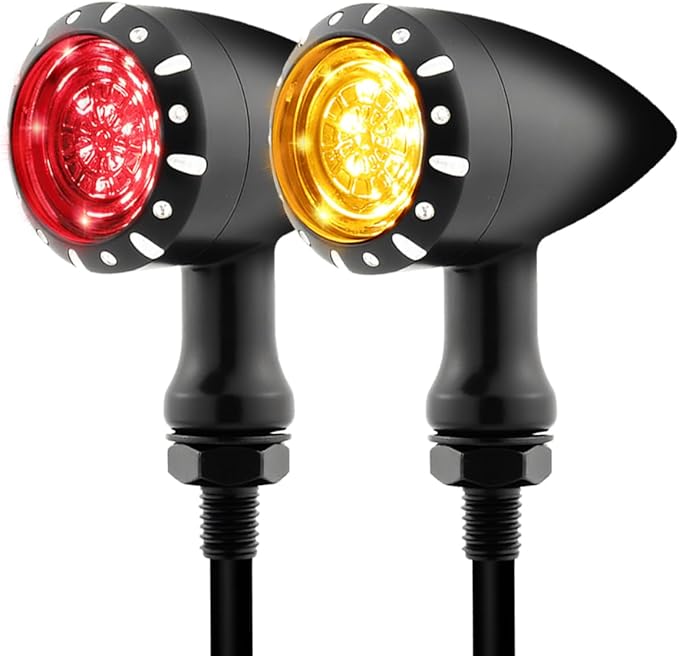 Bullet Style Motorcycle Rear LED Tail Lights, Red Running/Brake Light + Amber Turn Signals, Zinc Alloy Housing, M10 Mount Universal Fit or Cruiser Bobber Chopper Cafe Racer (Black-Rear)
