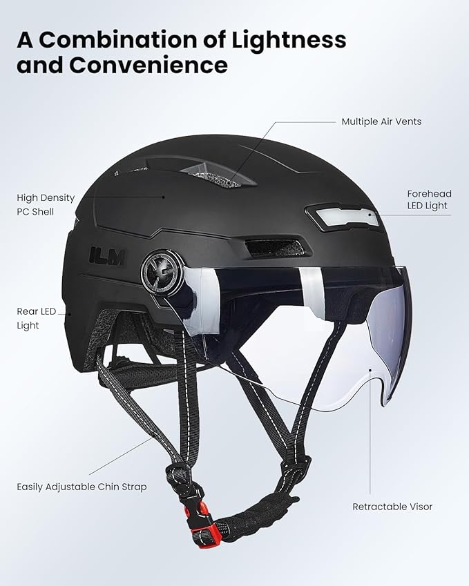 ILM Adult Bike Helmet with USB Rechargeable LED Front and Back Light Mountain&Road Bicycle Helmets for Men Women Removable Goggle Cycling Helmet E3-10L