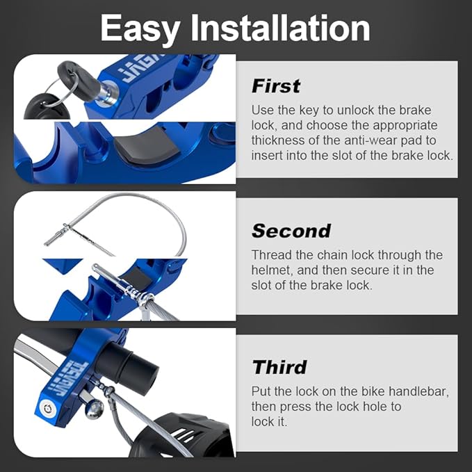 Motorcycle Lock & Helmet Lock Combo, Anti Theft Handlebar Lock, Max 1.5'', Blue