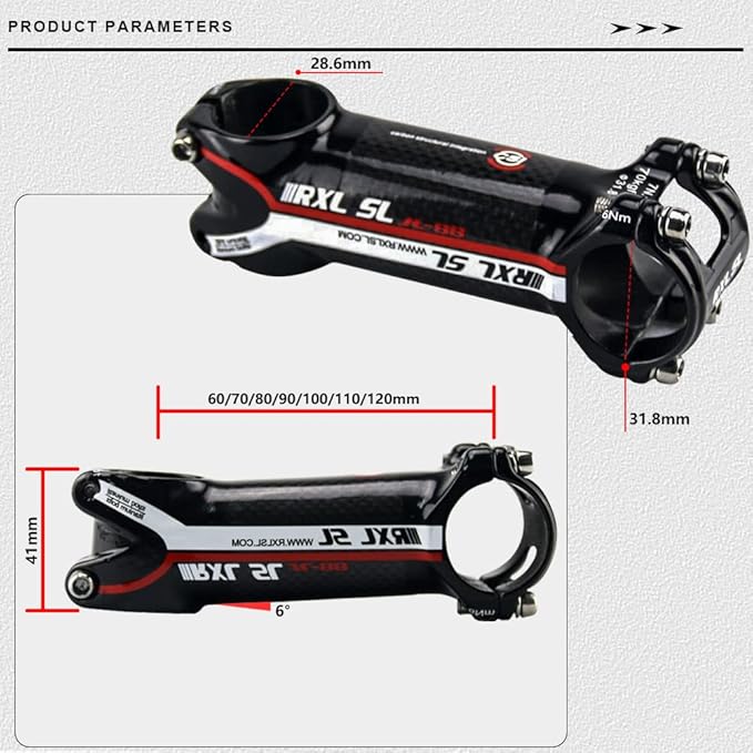 RXL SL MTB Bike Stem 1-1/4"Carbon Fiber+Aluminum Alloy Road Bike Carbon Handlebar Stem 6 Degree Mountain Bike for Cycling 60mm,70mm,80mm,90mm,100mm,110mm,120mm Bicycle Part