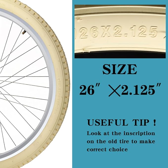 SIMEIQI 1 or 2 Pack 26"x2.125" Cruiser Beach Bike Tires Cream Color with or Without Inner Tubes 26"x1.75"/2.125" Replacement Folding Bicycle Tyres for City Commuter Urban Pavement