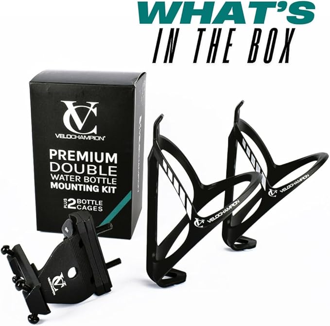 VeloChampion Bike Dual Bottle Cage Holder | Carry 2 Bottles up to 750ml | Ideal for Triathlon & Road Cycling | Suitable for Saddle Rails 50-70mm (Premium)