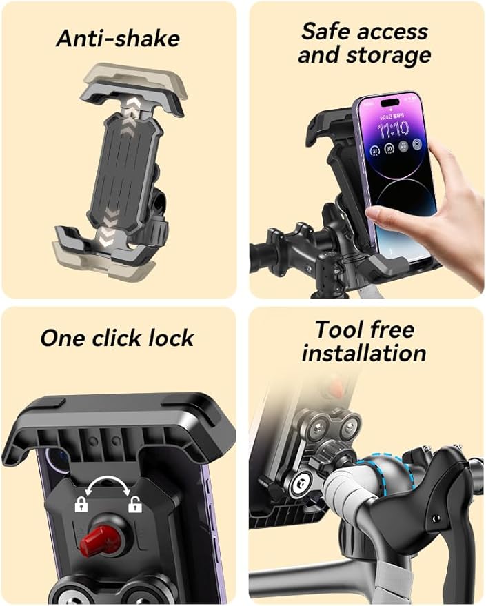 One-Hand Operation Bike Phone Holder 360° Rotation & Anti-Vibration Quick Release Holder for Motorcycle Scooter E-Bike Fits iPhone Samsung Google Pixel, Black (Upgraded version)