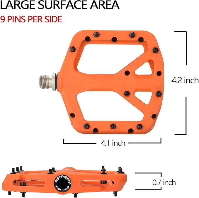 FIFTY-FIFTY Mountain Bike Pedals, Non-Slip MTB Nylon Composite, 9/16" Bicycle Pedals, Lightweight and Wide Flat Platform