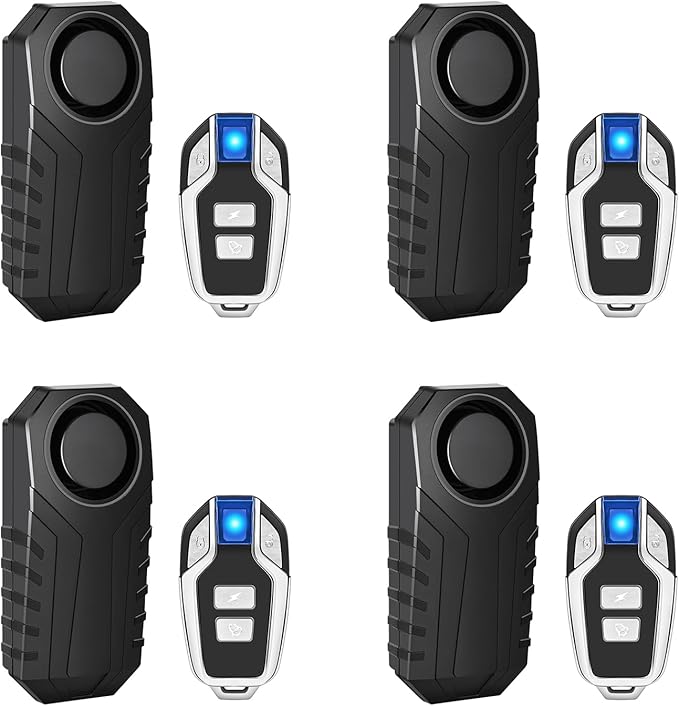 Motorbike Anti-Theft Alarm with Remote Control, Bike Alarm, Motorcycle Alarm, Bicycle Alarms with Remote, Bike Accessories Bicycle Security IP65 Waterproof, 113dB Super Loud, 4Pack