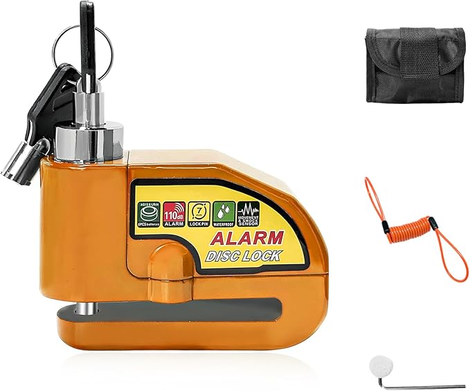 Alarm Disc Lock Set, 110dB Alarm Sound Anti-Theft Security Brake Padlock with 5ft Reminder Cable, Waterproof Battery Powered Disc Brake Lock for Motorcycle Bicycle Scooter (Orange)