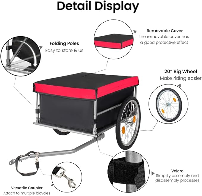 Foldable Bike Cargo Trailer with 20 Inch Wheels for Groceries, Tools and Luggage Transport