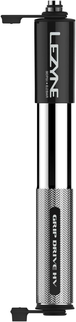 LEZYNE Grip Drive HV High Volume Bike Hand Pump | 90 PSI CNC-Machined Aluminum Mini Bicycle Pump for MTB & Gravel Tires, ABS Flex Hose, Presta & Schrader Compatible, Frame Mount Included