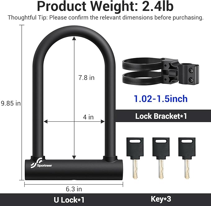 Sportneer Bike Lock - 18mm Shackle Heavy Duty Anti Theft Bike U Lock with 3 Keys - Bicycle U-Locks with Sturdy Mounting Bracket for Road, Mountain, Electric & Folding Bike, Size 9.85''x6.3''