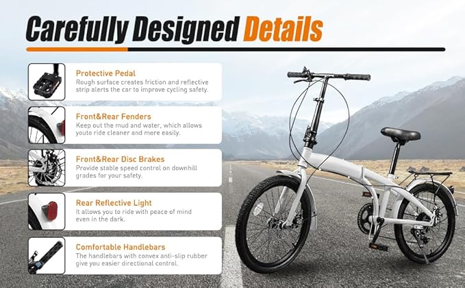 20" Foldable Bicycle, 7-Speed Folding City Commuter Bike with Adjustable Stem and Dual Disc Brakes, Compact Folding Bike for Commuting & Travel