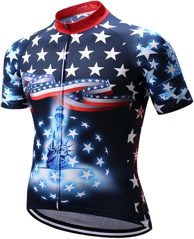 Cycling Jersey Short Sleeve USA Style Bike Tops with Pocket Reflective Stripe