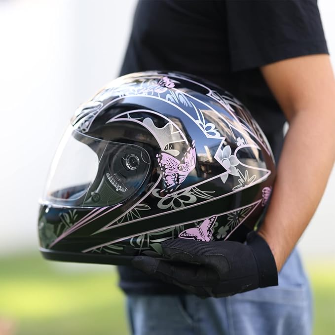 TCT-MOTORPARTS DOT Helmet Motorcycle Pink Black Butterfly Full Face Street Sport Helmet Full Face Flip Up Helmet for Women Men (Large)