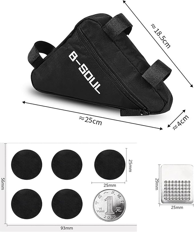 Bike Frame Storage Bag, Top Tube Bag for Phone, Triangle Bags, Bicycle Storage Pouch, Bicycle Triangle Bags Strap-On Under Seat Tool Accessories Pouch, with 1 Metal Tire File, 6 Bike Tire Patches