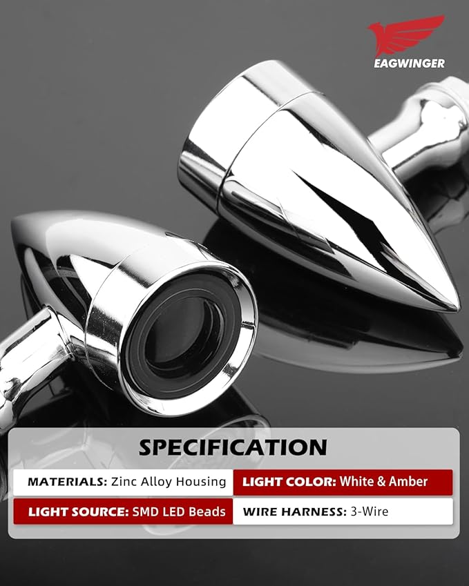 Motorcycle LED Turn Signals Front Blinkers with Running Light, Universal Bullet Indicator Lamps for Cruiser Chopper Street Bike Bobber (Chrome-White and Amber Light)