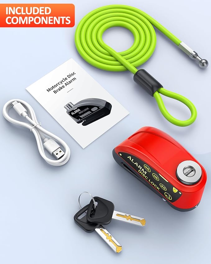 ONVIAN Rechargeable Motorcycle Lock with 120db Alarm and 6FT Steel Reminder Cable, for 7mm Pin Motorcycles Bicycles Ebike Scooter Moped(Red)