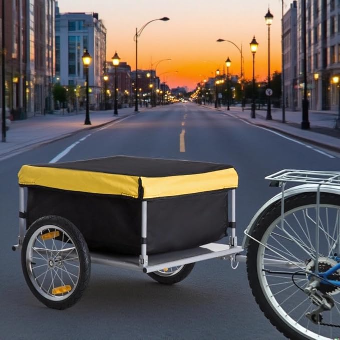 Lightweight Bicycle Trailer, Foldable Bike Cargo Trailer with Universal Hitch, Portable Bicycle Trailers Folding with Removable Cover / 2 Wheels, for Camping, Groceries, Black and Yellow