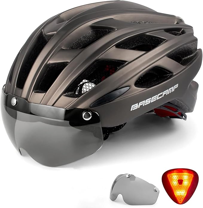 Bike Helmet, Basecamp Bicycle Helmet with Rear Light & Detachable Magnetic Goggles Lightweight Cycling Helmet Adjustable for Adult Men Women Mountain & Road (BC-069)