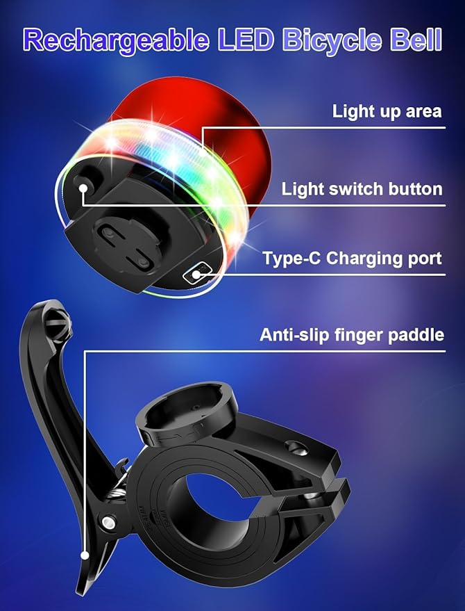Bike Bell for Kids & Adults, Light up Bike Accessories Adjustable with Ferrules Fit for 0.74-1.25in(19-31.8mm) Bicycle Handlebars, Aluminum Made & Crisp Sound for Mountain Dirt Road Bike Ebike