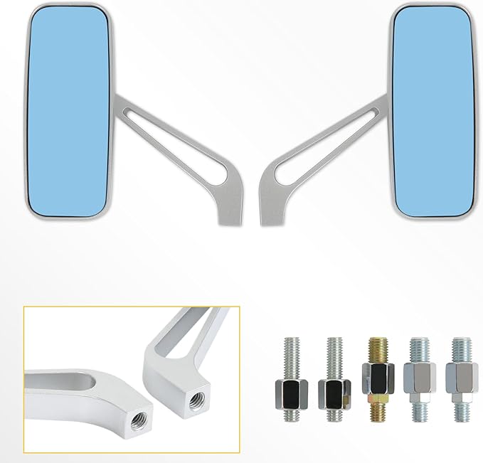 8mm/10mm Black Rectangle Motorcycle Rear view Side Mirrors for Cruiser Chopper Honda Kawasaki Suzuki Yamaha (Silver)