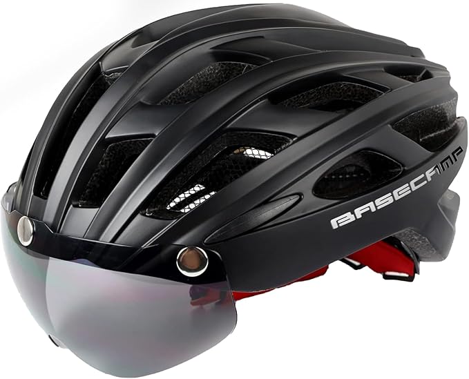 Bike Helmet, Basecamp Bicycle Helmet with Rear Light & Detachable Magnetic Goggles Lightweight Cycling Helmet Adjustable for Adult Men Women Mountain & Road (BC-069)