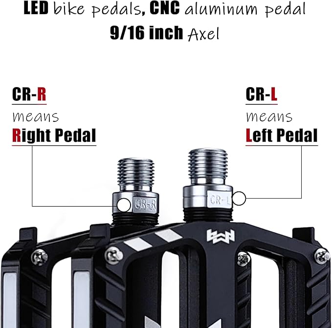 Bicycle Pedals with LED lights 5 Modes, Tap On-Off, USB Rechargeable, Waterproof, Flat CNC Aluminum Road Bike Pedals w 9/16" Cr-Mo Steel Axel w Pin, for Ebike, Commuter, Hybrid, City, Beach Bike