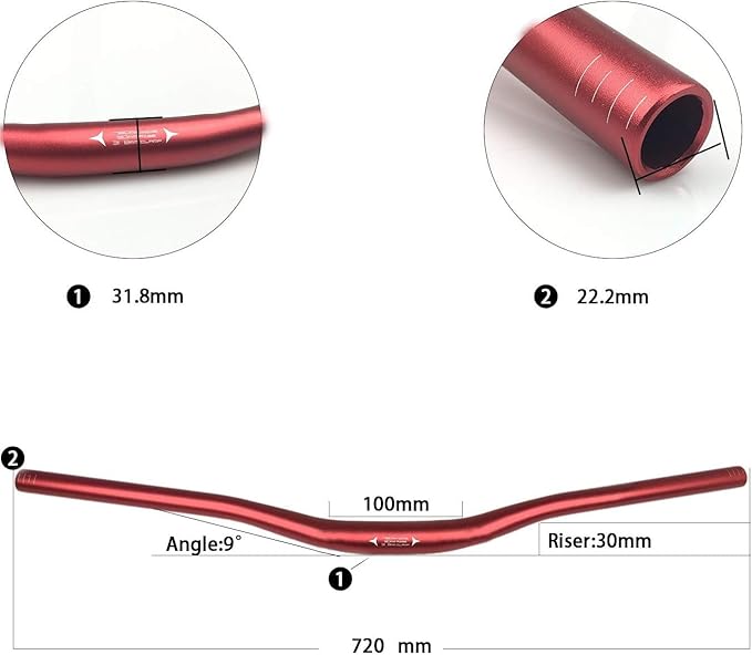 MTB Mountain Bike Handlebar, Aluminum Alloy MTB Handlebar, 31.8mm Diameter, 720mm Wide Bicycle Bar(25° Handlebar 720mm) (Red)
