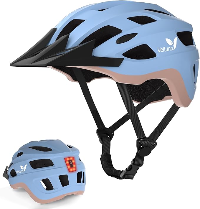 Bike Helmet for Adults, Lightweight Mountain Bicycle Helmet with USB Rechargeable LED Rear Light, Removable Sun Visor for Women, Men, Suitable for Cycling and Commuting
